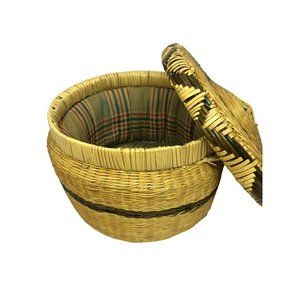 Handwoven Round Lined Basket with Lid, 4" Tall, 6 1/2" Round, Vintage MCM